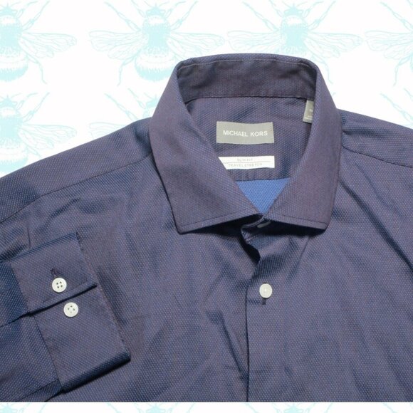 Michael Kors Men's Size - L 16 34/35 Blue Long Sleeve Travel Stretch Button Up - Picture 1 of 5